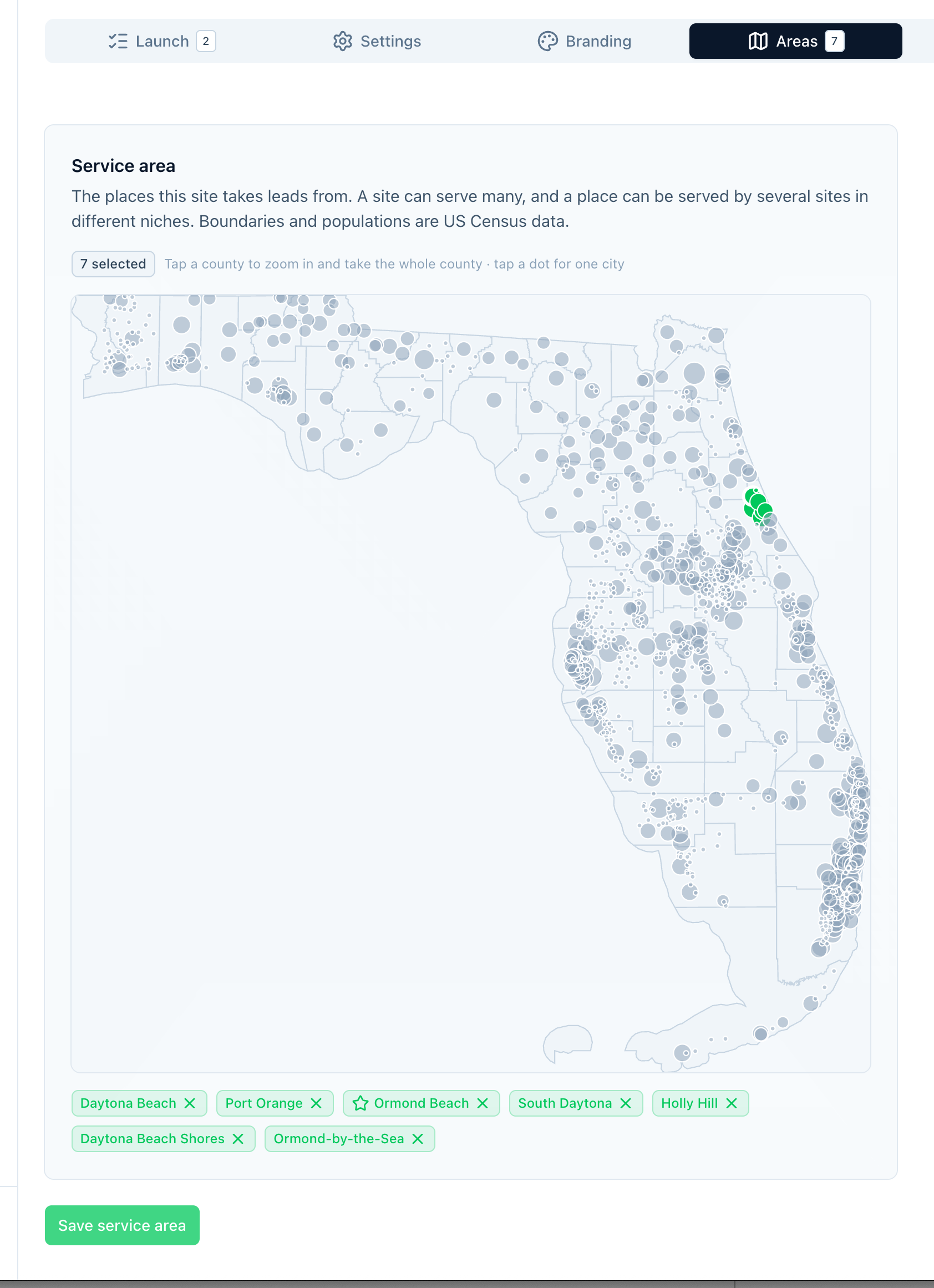 Map of Florida with every city marked, and the cities we currently build in highlighted along the Volusia County coast